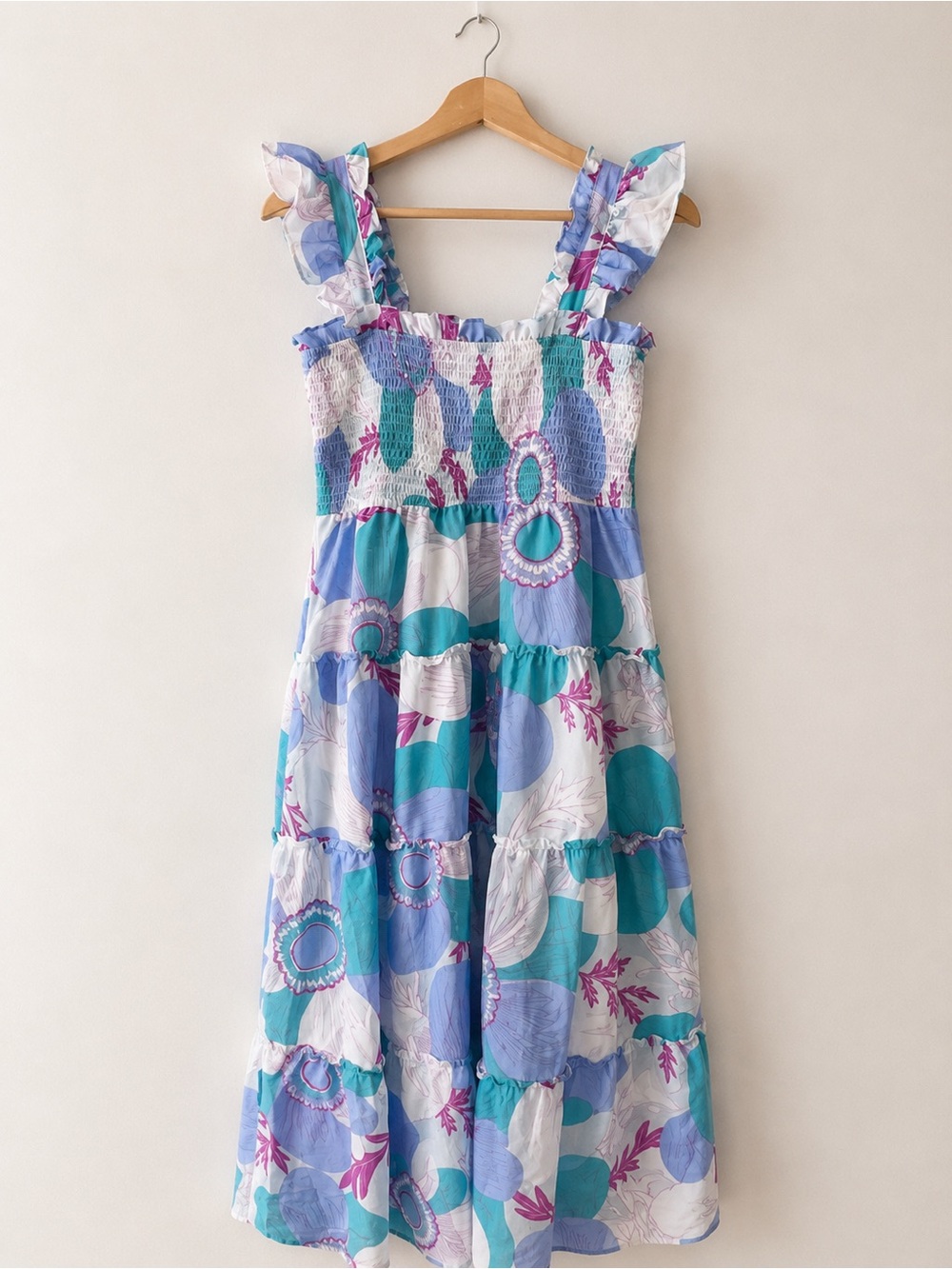 J. Marie Smocked Ruffle Strap Midi Dress Blue Purple Floral Size M - Picture 2 of 4